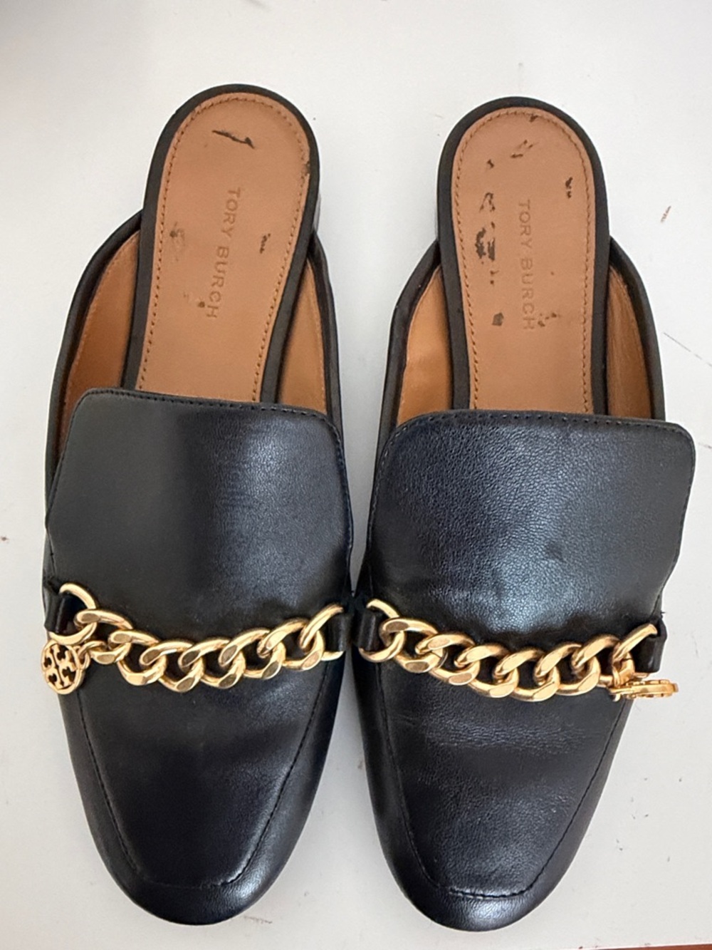 Tory Burch Black Leather Chain-Detail Slide Mules